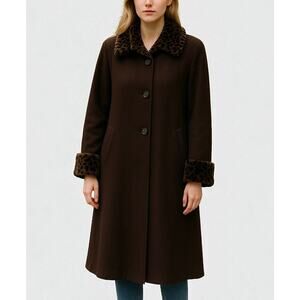 Vintage Alorna Pure Wool Long Coat Brown Faux Fur Overcoat Trench Size XL